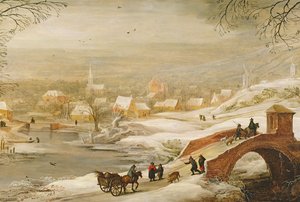 Eine Winterflusslandschaft mit Reisenden auf einer Brücke und einer Stadt in der Ferne, späte 1720er Jahre